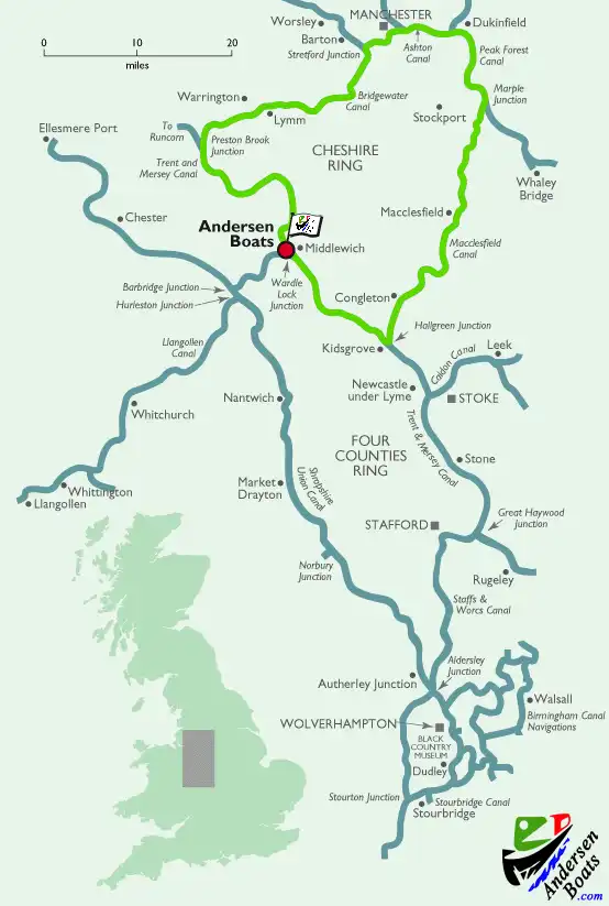 Canal boat navigating the Cheshire Ring near Lymm